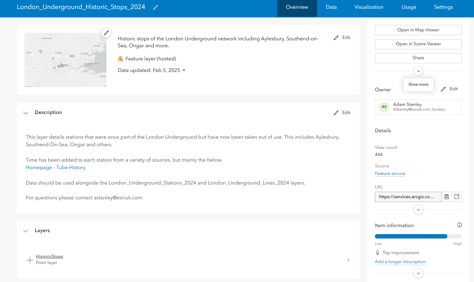 An example of the new look for the Item page in ArcGIS Online.