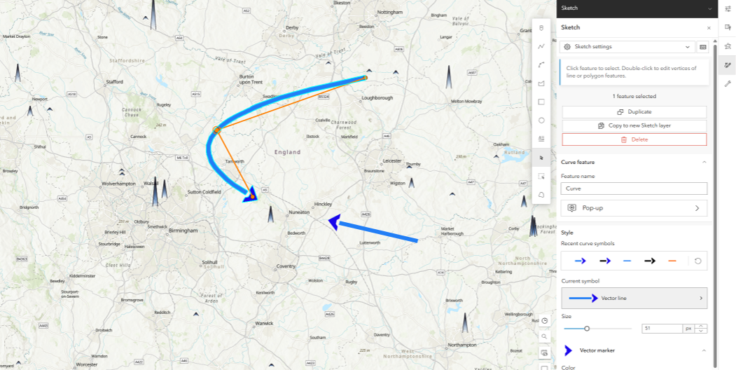 Example of Sketch arrows including one that is a curve,