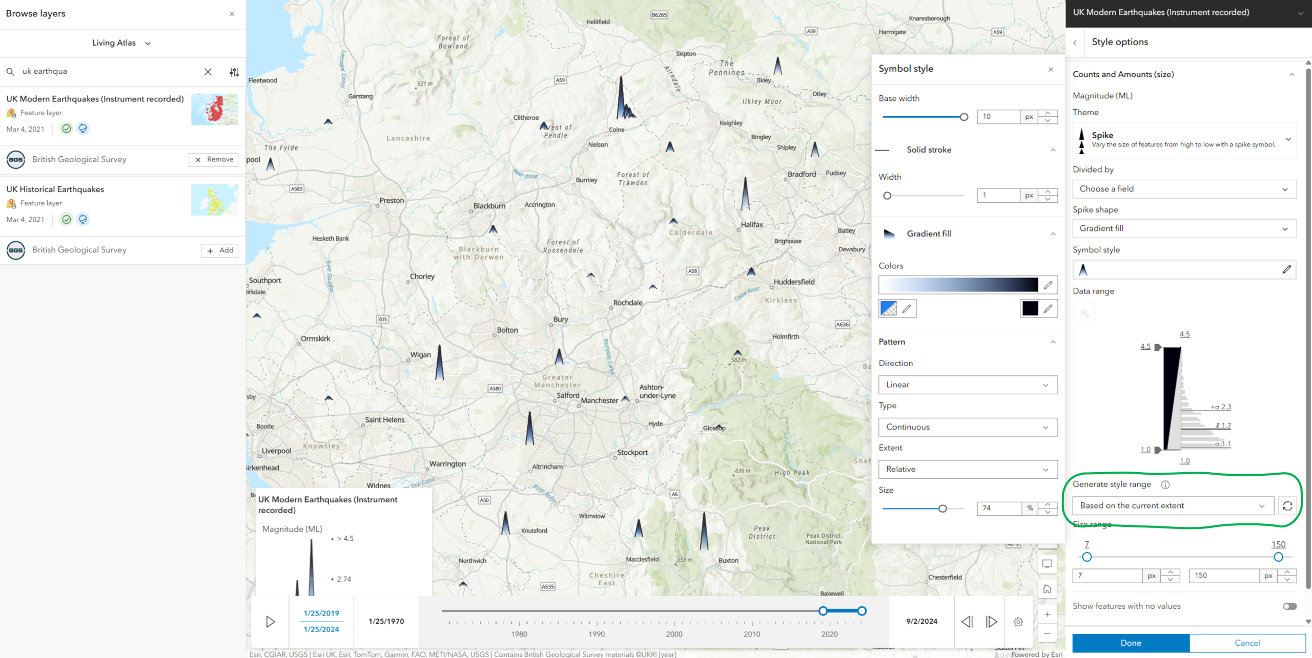 Configuring the new spike symbology in the Map Viewer.