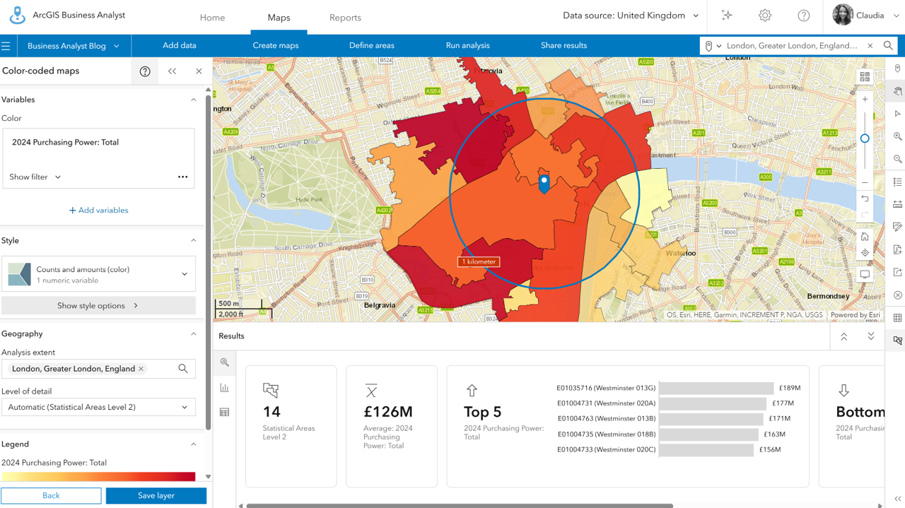 Example of a colour coded map in Business Analyst
