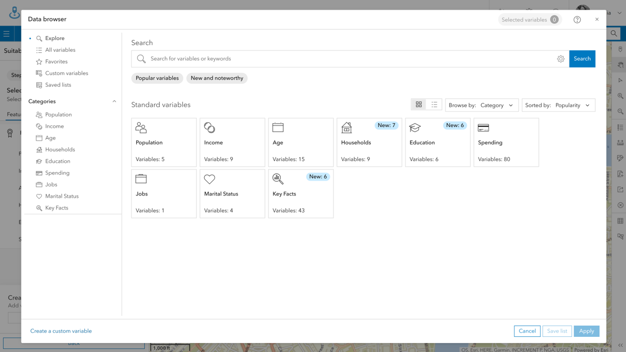 The Data Browser interface showing the data variables available