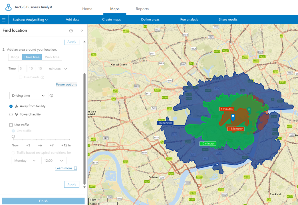 An example of calculating drive time in Business Analyst