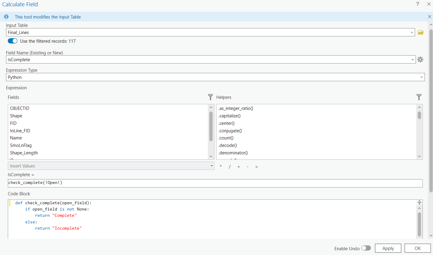 Field calculator function used as part of tracking project progress.