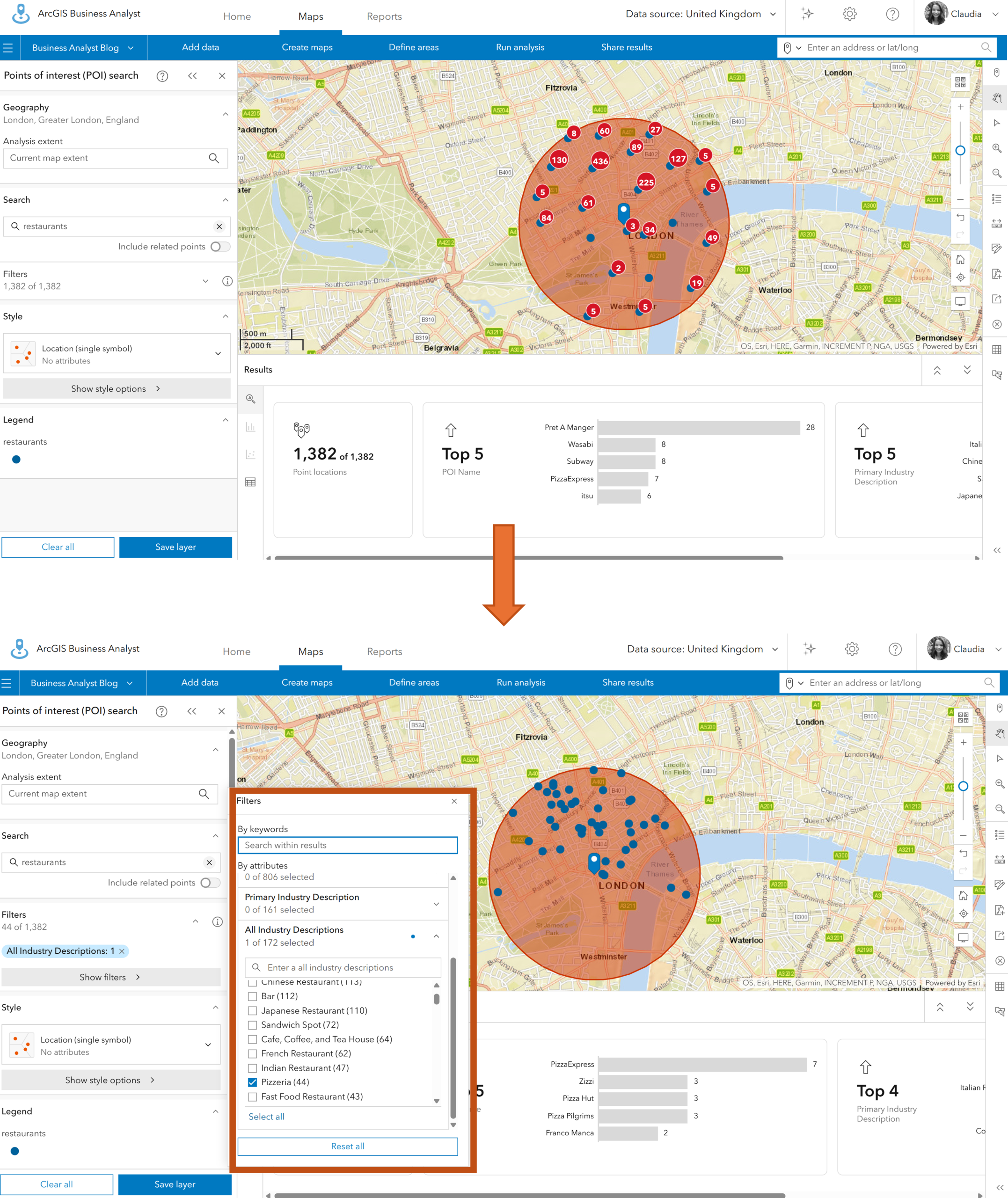 Example of a point of interest search in Business Analyst